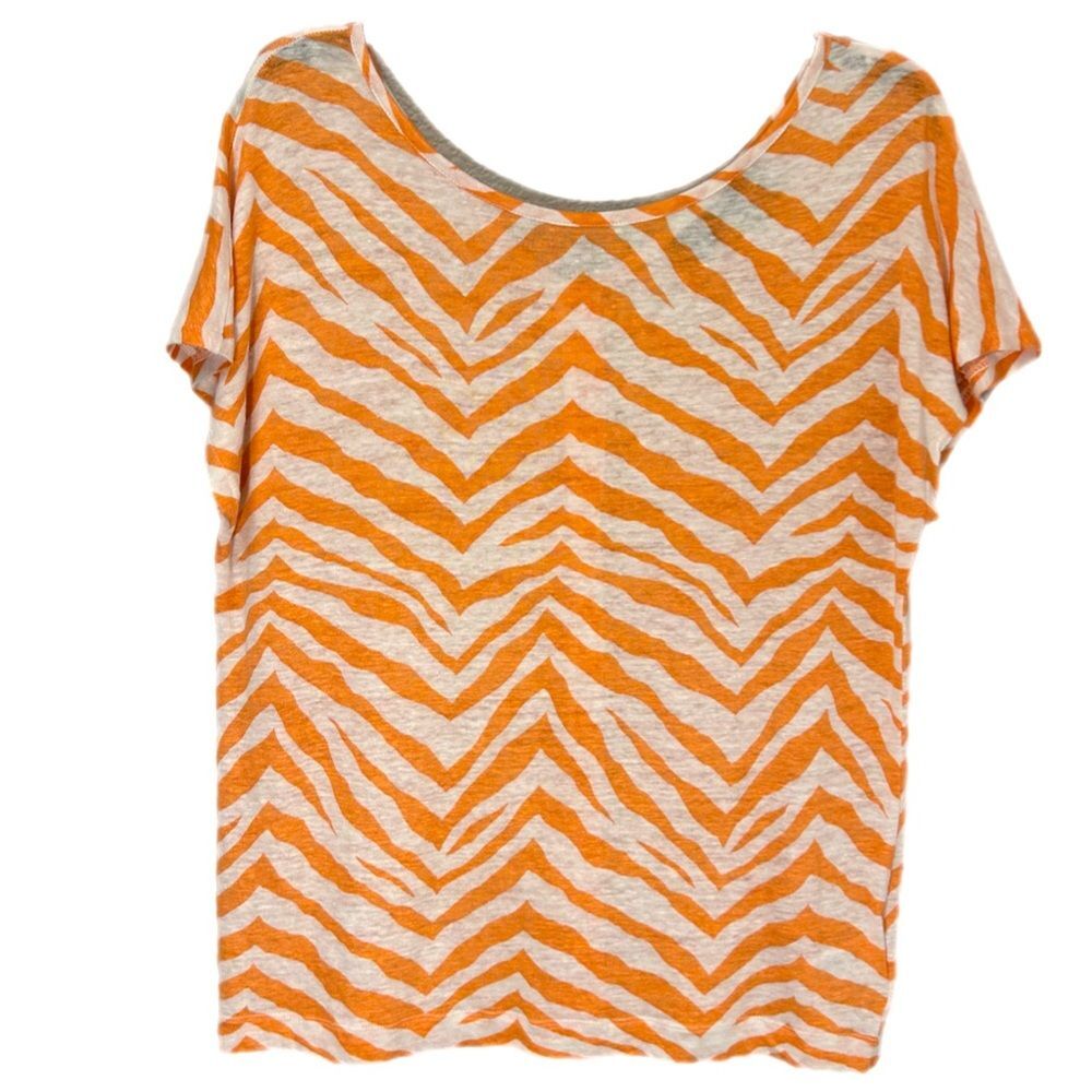 Tahari Short Sleeve Linen Top Women Medium Animal Print Coral Button Accent Back